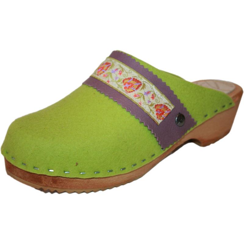 Traditional Heel Tessa Clog in Lime Green Felt Wool with Orange Floral Ribbon Strap