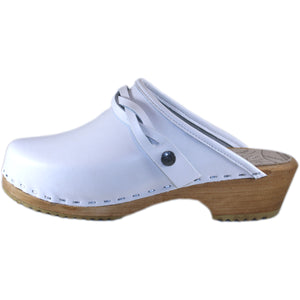 Traditional heel Clog in White with braided Snap Strap