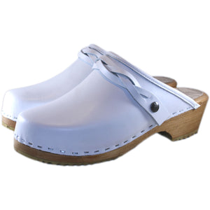 Traditional heel Clog in White with braided Snap Strap