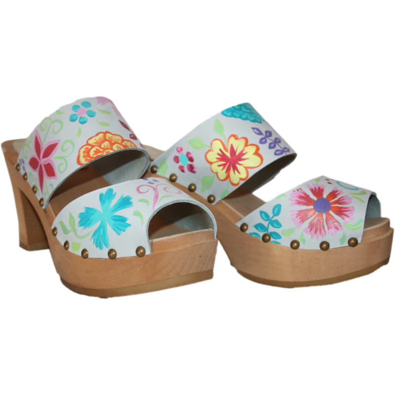 Ultimate High Two Strap Sandal in Ice Gray Hand painted with our Blossom Design
