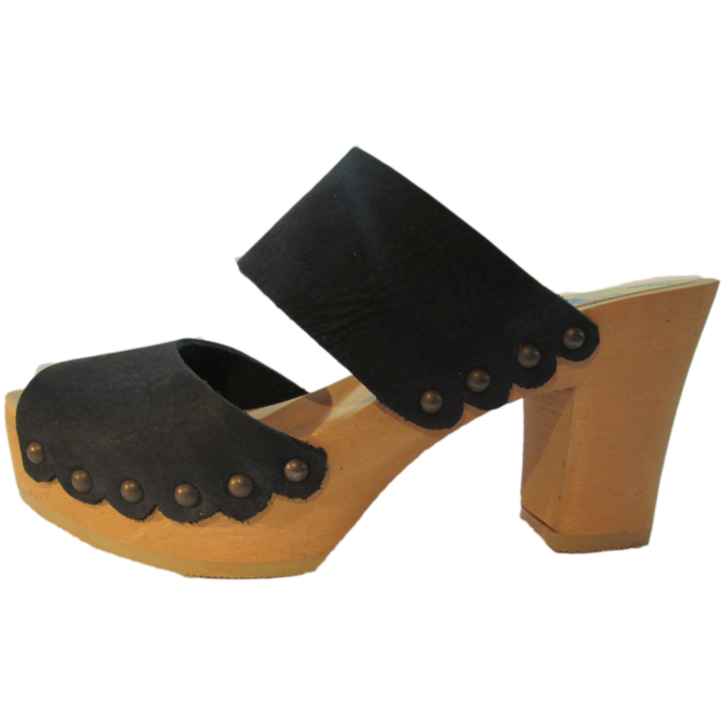Ultimate High Black Distressed Nubuck Two Strap Sandal with Scalloped Edge