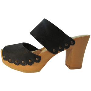 Ultimate High Black Distressed Nubuck Two Strap Sandal with Scalloped Edge