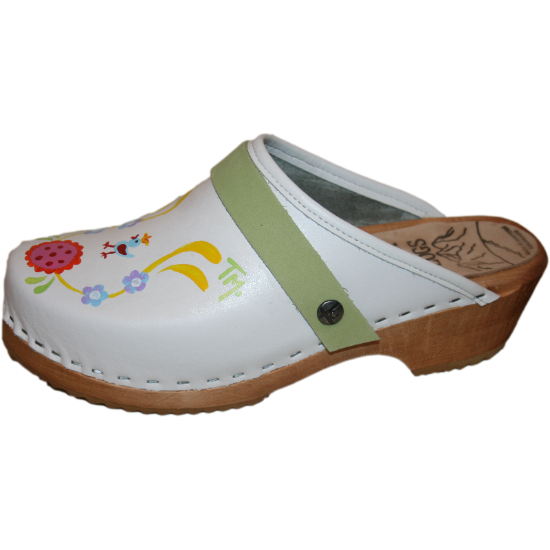 White traditional heel hand painted clogs