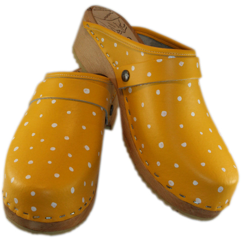 Swedish Clogs in Yellow Leather with hand painted White dots