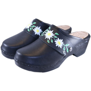 Black Leather on Flexible Sole Clog with handpainted Edelweiss strap