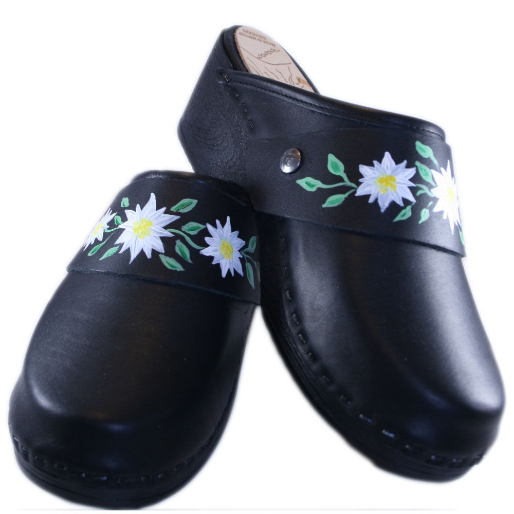 Black Leather on Flexible Sole Clog with handpainted Edelweiss strap