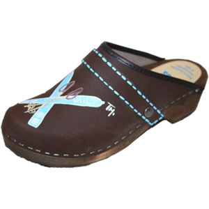 Tessa Children's Hand Painted Brown Oil Clog with Blue Skis and Blue Stitching