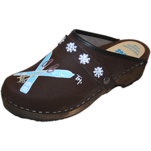 Tessa Children's Hand Painted Brown Oil Clog with Blue Skis & Snowflakes