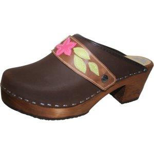 Tessa Clogs in High Heel Brown Oil with Sewn Snap Straps 