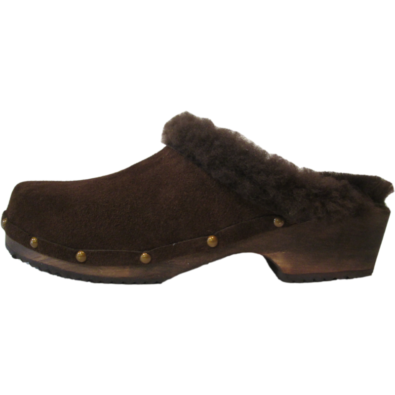 Traditional Heel Brown Suede Shearling lined clogs with Decorative Nails