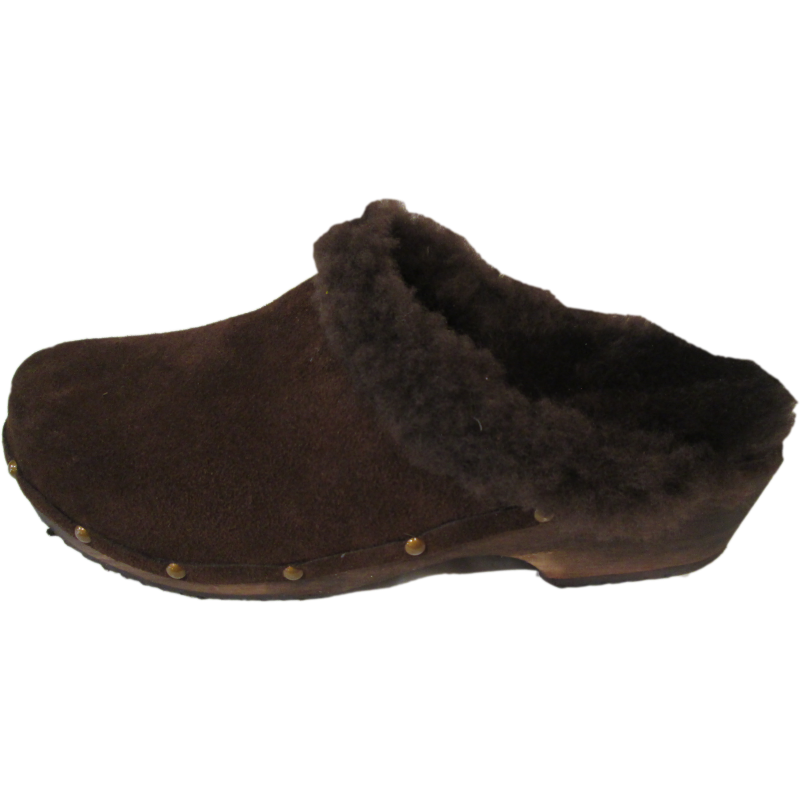 Traditional Heel Brown Suede Shearling lined clogs with Decorative Nails