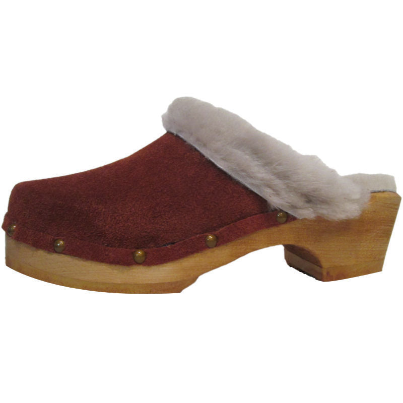 Traditional Heel Rust Suede Beige Shearling lined clogs with Decorative Nails