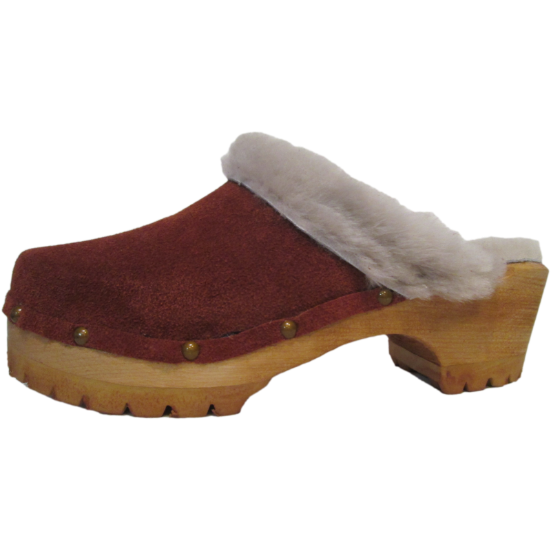 Rust Suede Shearling Lined Mountain Clogs with Decorative Nails