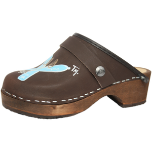 Tessa Children's Hand Painted Brown Oil Clog with Blue Skis