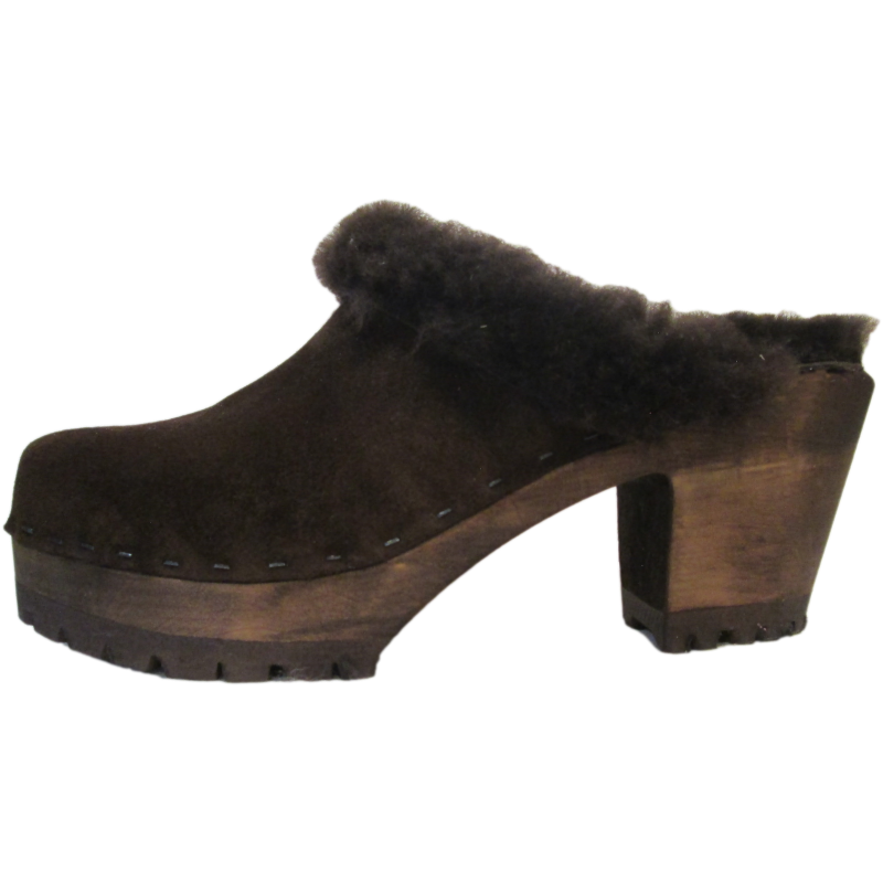 Brown Suede Shearling Lined High Heel Mountain Tessa Clogs
