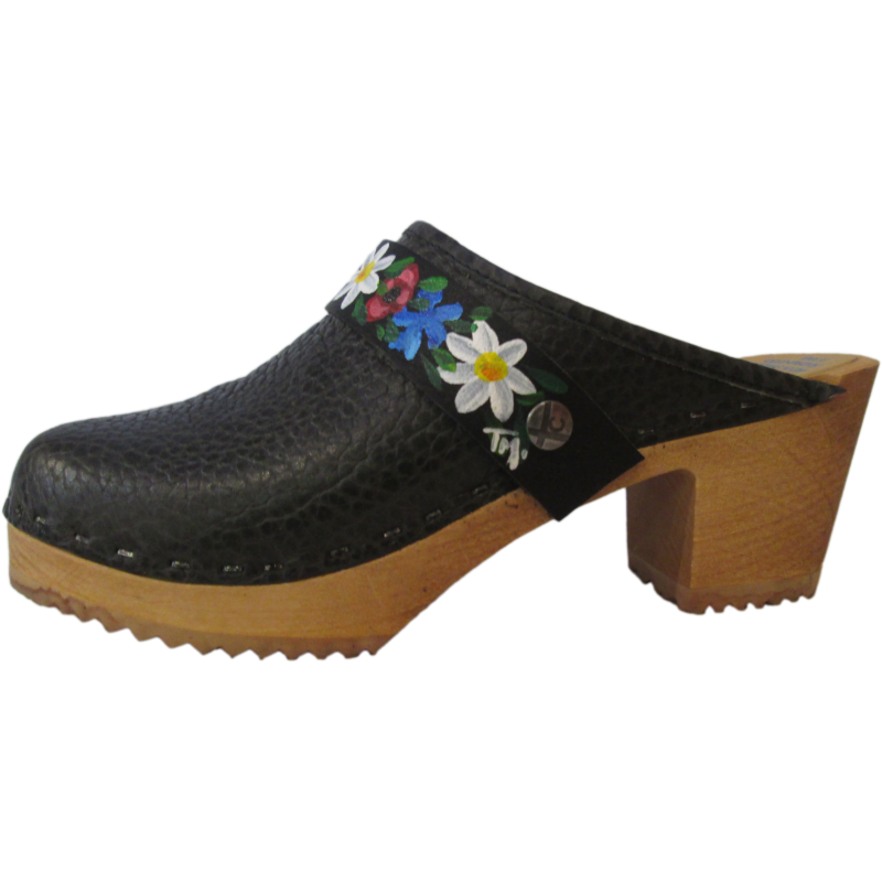 High Heel Black Pebbled Leather with Flower Band Strap