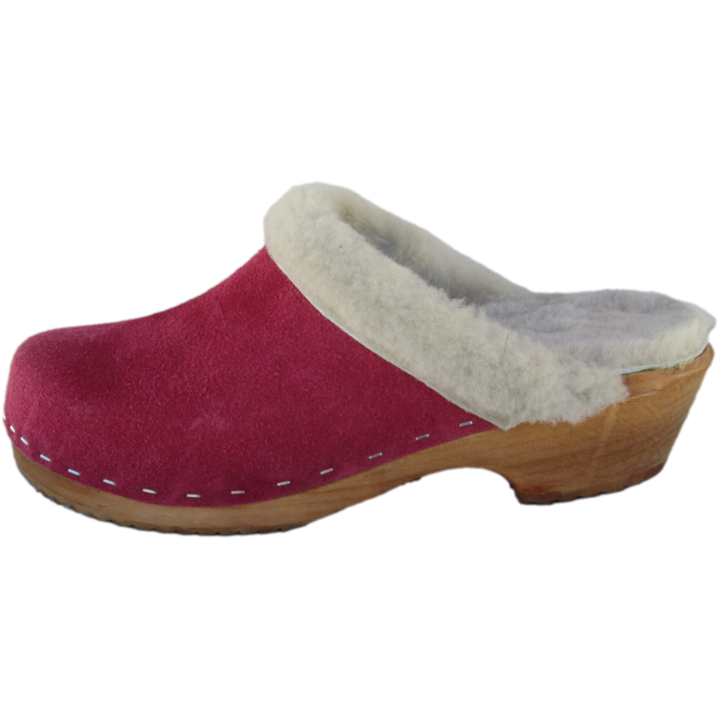 wooden clog with shearling lining in a berry suede