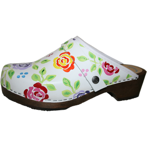 Traditional Heel White Brocade Rose Clog