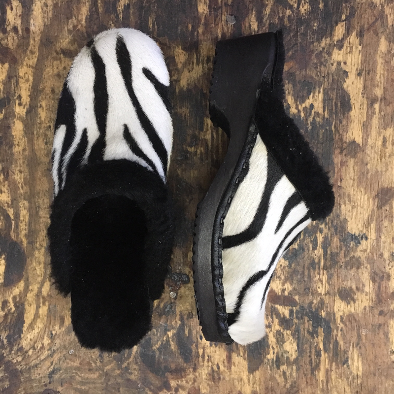 Traditional Heel Zebra Pony Hair Shearling lined clogs